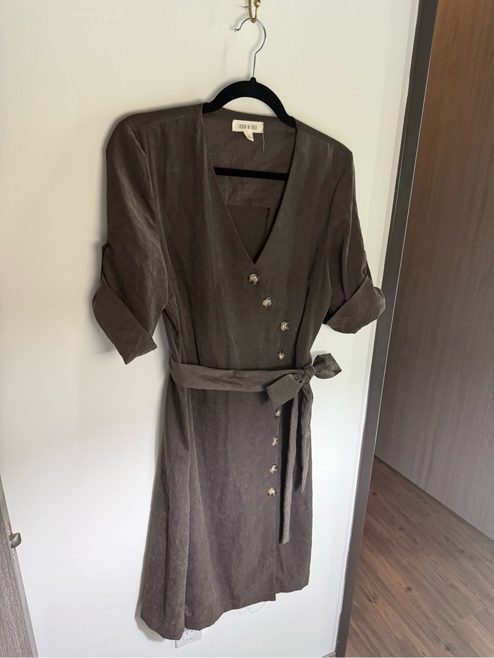 Suede Button-Front Wrap Dress with Belt